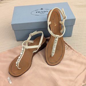 Prada leather crystal embellishments slingback sandals